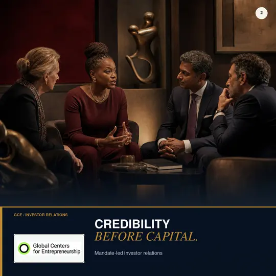 A diverse group of senior professionals in a focused investor-relations discussion.