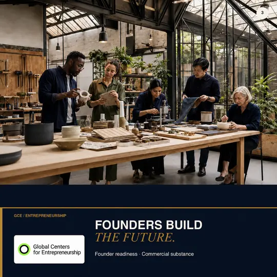 Founders and makers collaborating around a shared studio table.