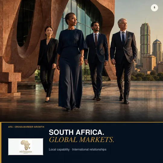 African and international executives walking together in a contemporary South African business district.