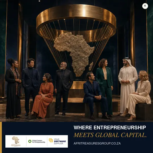 A diverse group of global leaders gathered beneath a sculptural map of Africa.